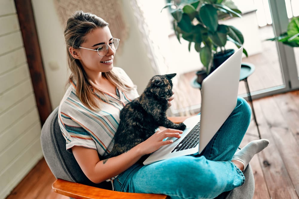 Resident working on a laptop from her apartment with her cat in her lap at Oaks Hiawatha Station in Minneapolis, Minnesota