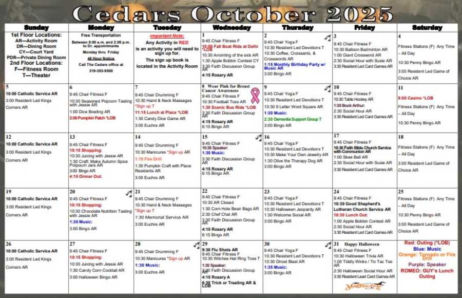 Assisted Living Calendar from The Keystones of Cedar Rapids in Cedar Rapids, Iowa 