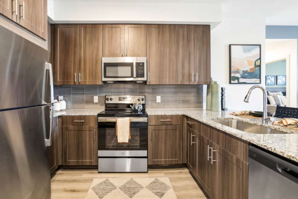 Kitchen with stainless steel appliances, quartz countertops, and custom cabinetry at The Margaret at Riverfront in Dallas, Texas