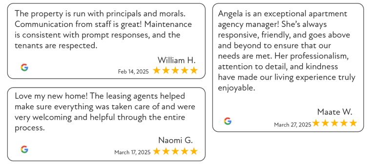 three examples of five star google reviews