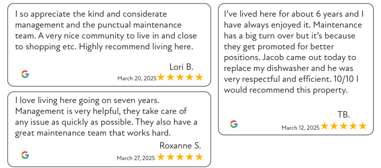 three examples of five star google reviews