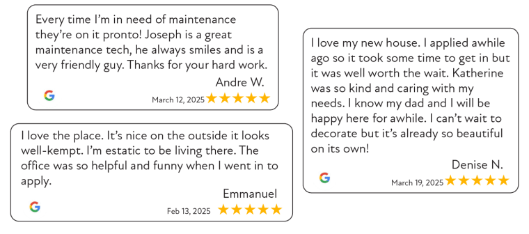 three examples of five star google reviews