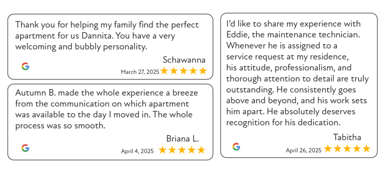 three examples of five star google reviews