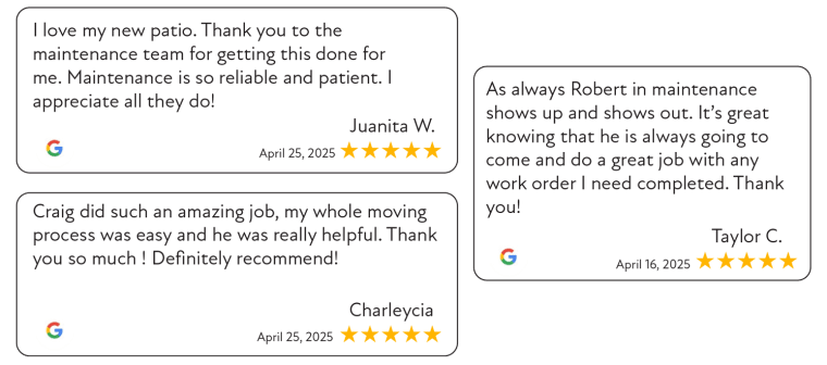 three examples of five star google reviews