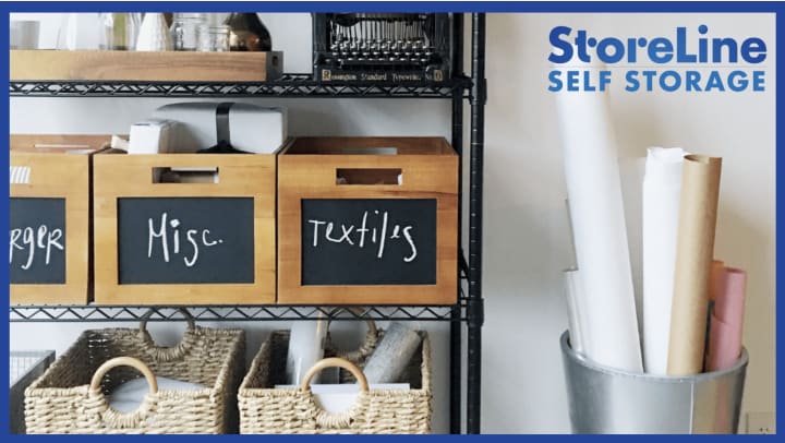 A neatly packed storage unit with the StoreLine logo in the top right corner