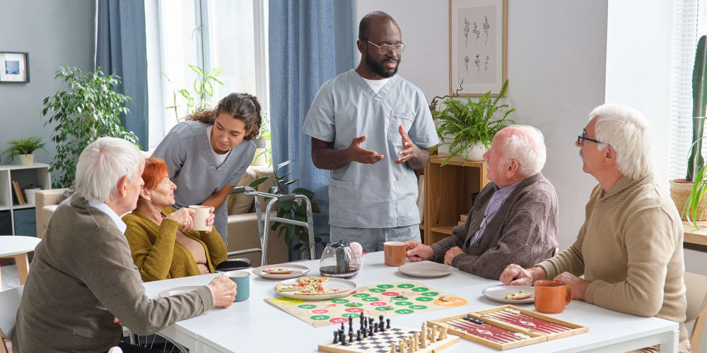 Residents socializing at Vista Prairie at Goldfinch Estates in Fairmont, Minnesota