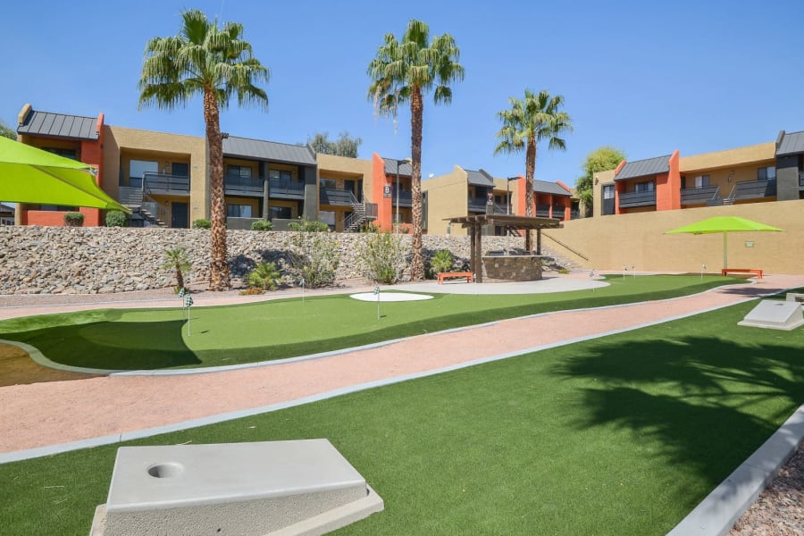 Putting green and cornhole pit at Onnix in Tempe, Arizona