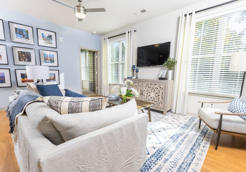 Well-decorated open-concept living room with tons of natural light at Parc at Murfreesboro in Murfreesboro, Tennessee