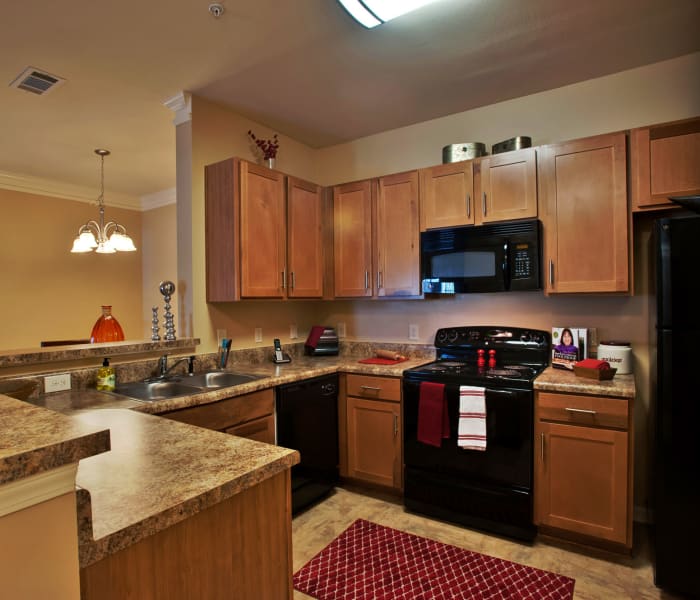 Modern kitchen with black appliances in model home at Richland Falls in Murfreesboro, Tennessee