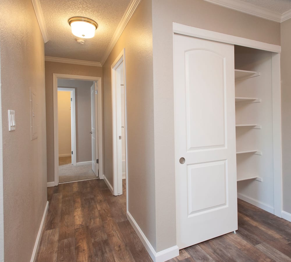Wood-style flooring with storage at Ridgecrest Apartment Homes in Martinez, California