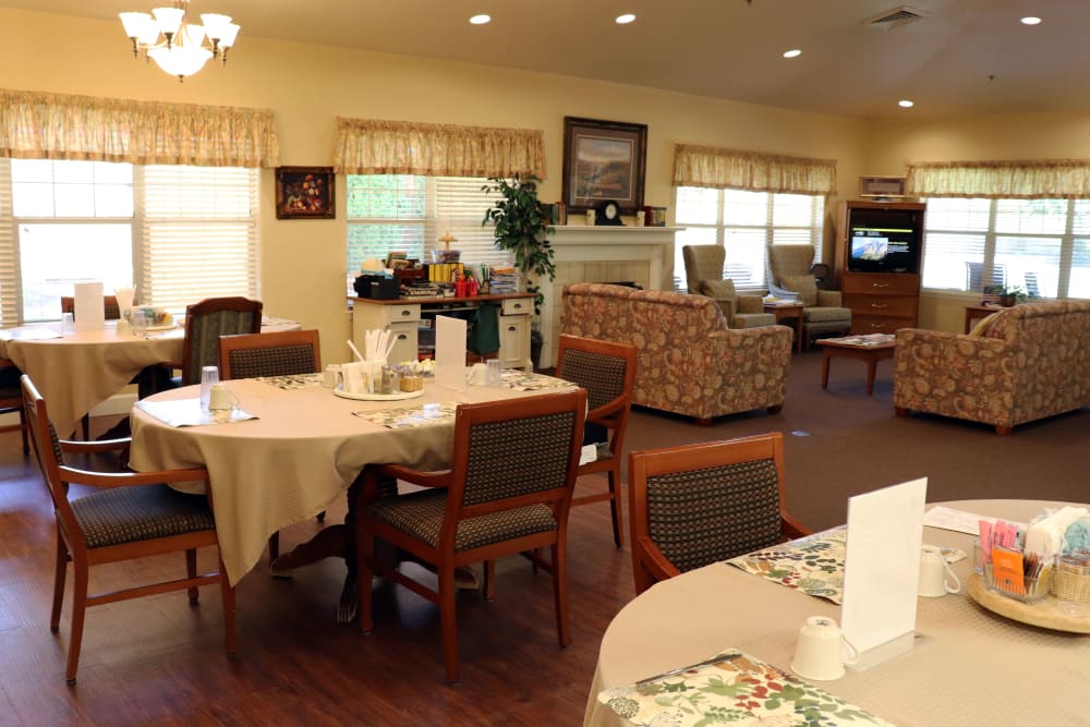 Cheerful dining area with tract lighting and wood accents in upscale senior living facility at The Springs at Willowcreek in Salem, Oregon