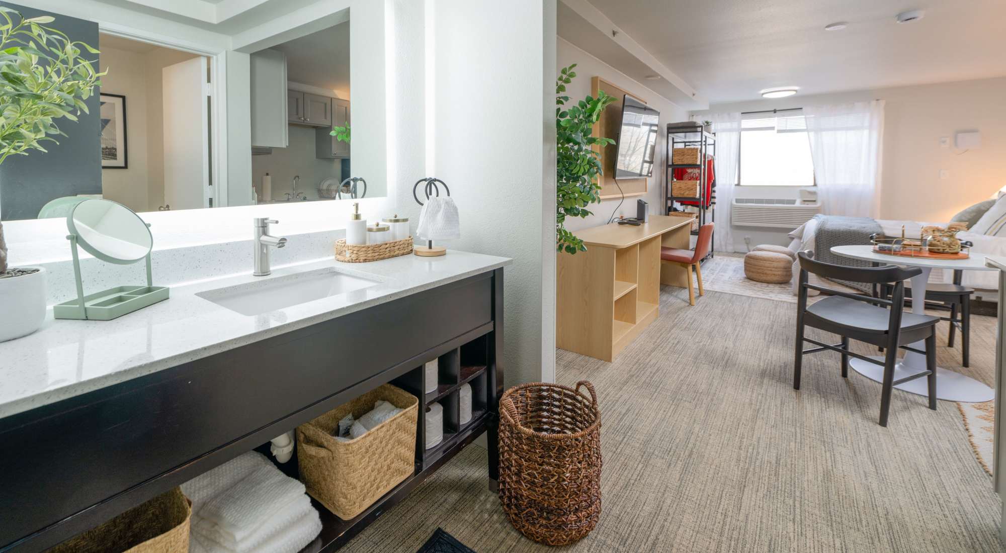 Modern bathrooms in spacious studios at Thea Apartments in Tacoma, Washington
