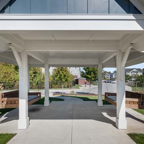 Outdoor seating space at Groves at Town Center in Fletcher, North Carolina