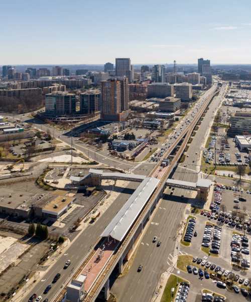 Drone shot of community view at The Exchange at Spring Hill Station in Vienna, Virginia