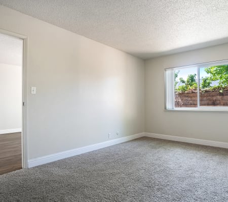 Living room with wood-style flooring at Coronado Apartment Homes in Fremont, California