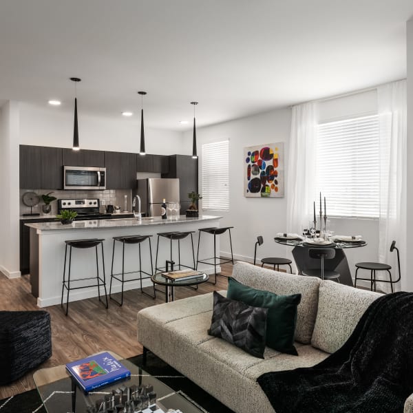 Stainless-steel appliances in kitchen of model home at Villa Vita Apartments in Peoria, Arizona