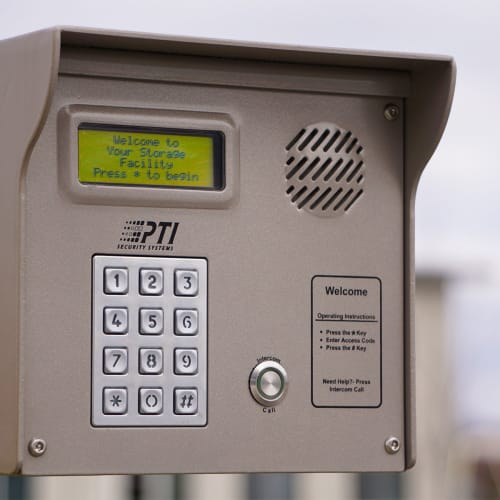 A keypad at the gate of Red Dot Storage in Glenwood, Illinois