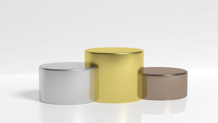 3-D rendering of a winners’ podium, with silver, gold, and bronze stands