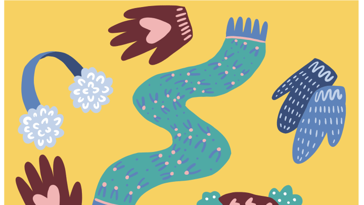 Cartoon drawing of winter mittens, ear warmers, and a scarf on a yellow background. 
