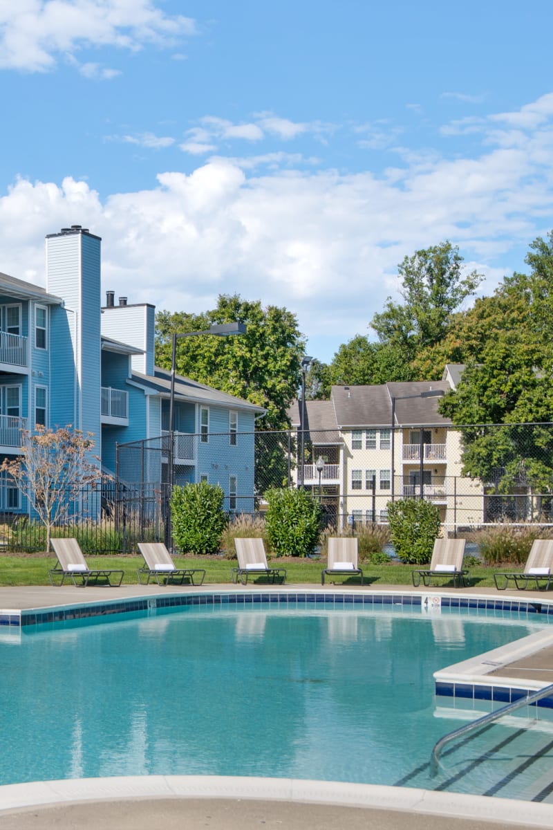 Swimming pool at Chase Lea Apartment Homes on a sunny spring day in Owings Mills, Maryland