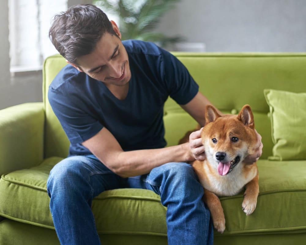 Resident and his dog relaxing in their new home at Eterno in Pompano Beach, Florida