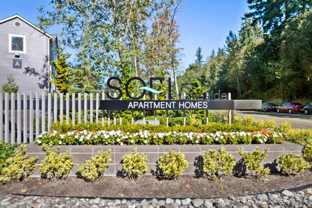 Gorgeous view of the lake form the upper floor deck outside the clubhouse at Sofi Lakeside in Everett, Washington