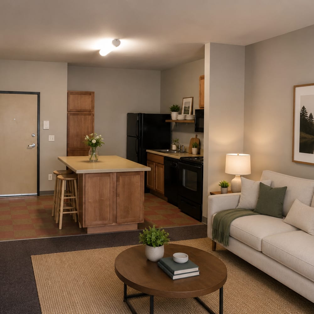 Kitchen with island at Stockbridge Apartments in Des Moines, Iowa