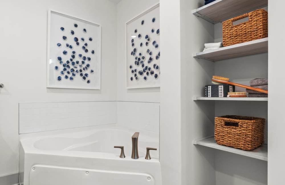 Bright bathroom with sink, shower and attached walk-in closet at Watersound Origins Crossings in Inlet Beach, Florida