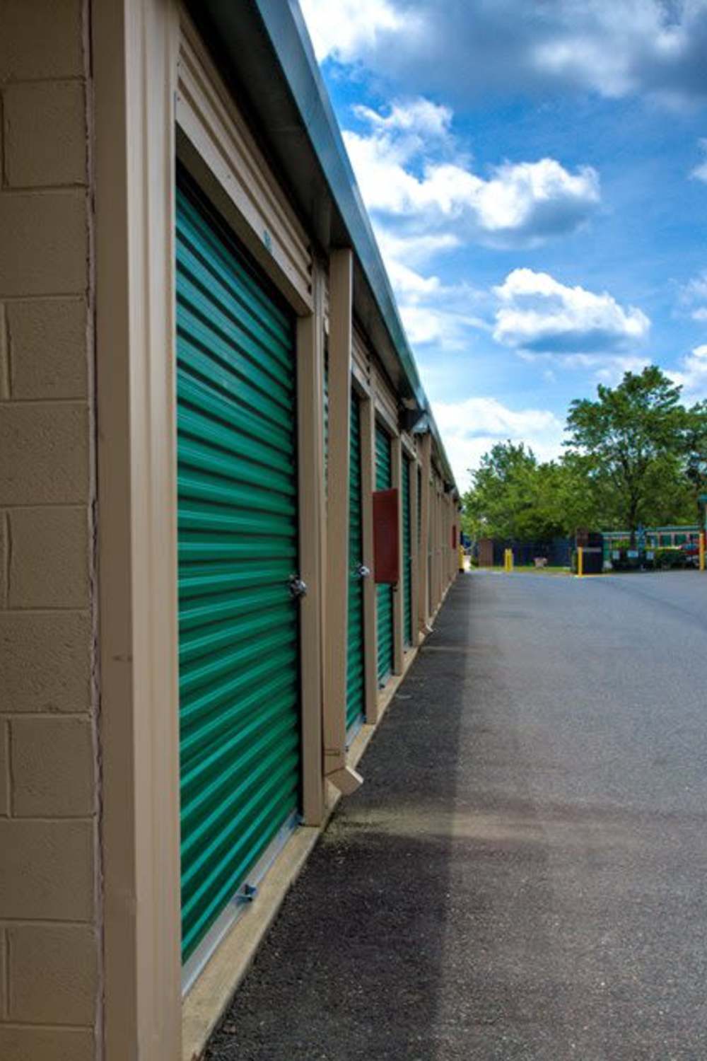 Outdoor units with green doors at Falmouth Self Storage in Fredericksburg, Virginia