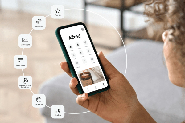 mobile phone with Alfred site displayed and ecosystem icons
