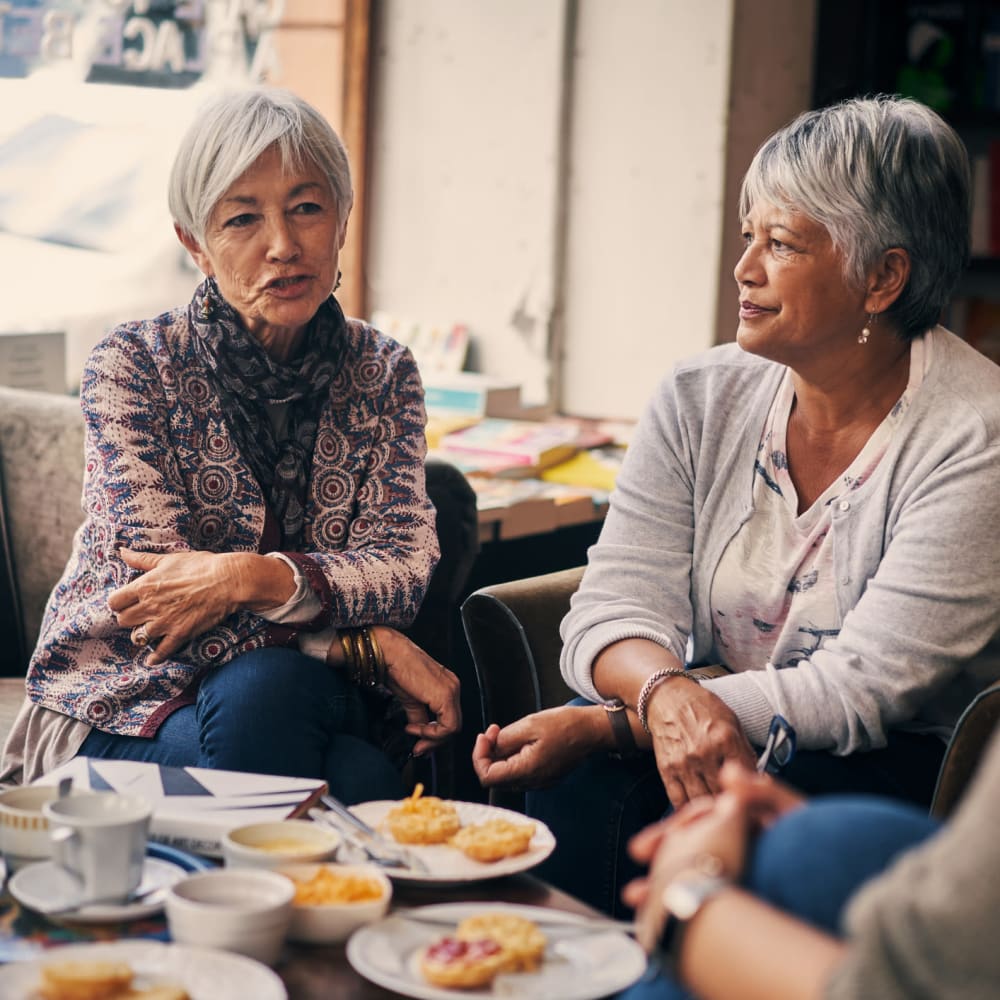 Residents drinking coffee at Lakeview Terrace of Boulder City in Boulder City, Nevada