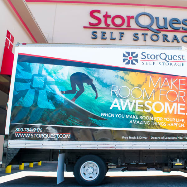 A moving truck at the docking area at StorQuest Self Storage in Brooklyn, New York