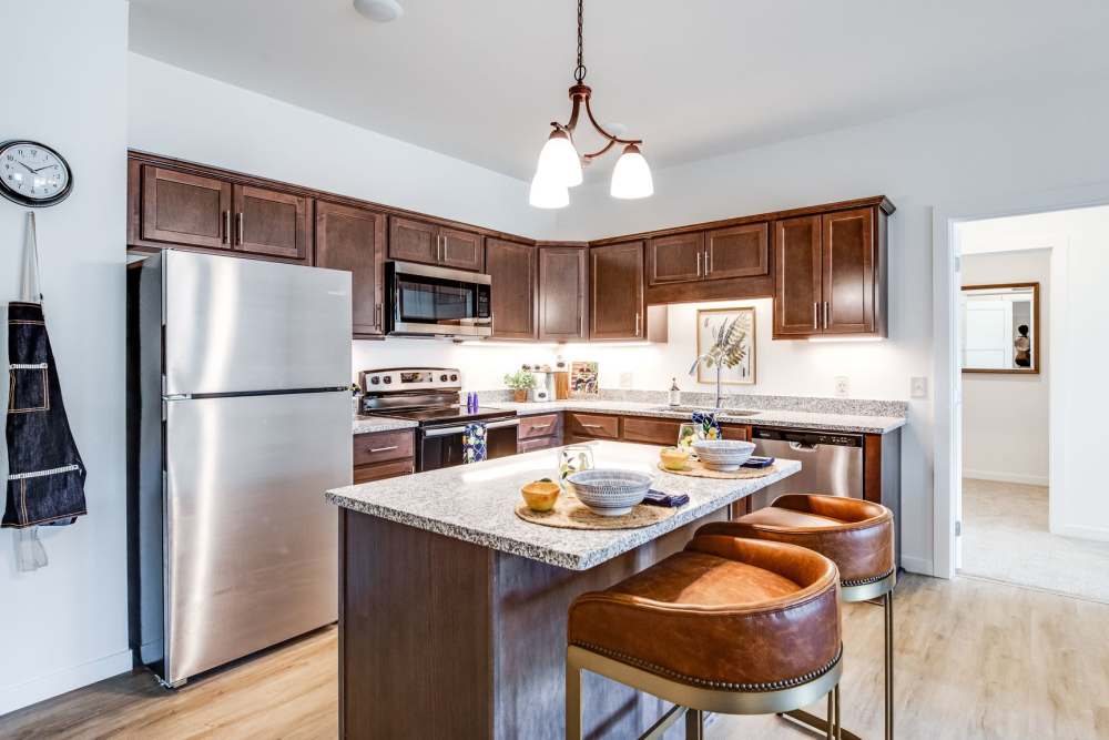 Apartment kitchen at Glenfield Park Estates in Blaine, Minnesota