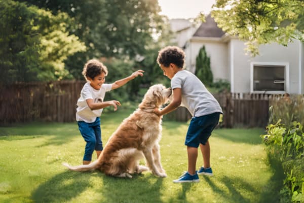 Children playing with dog in the backyard  at Lattitude34 Vines Creek in Greer, South Carolina