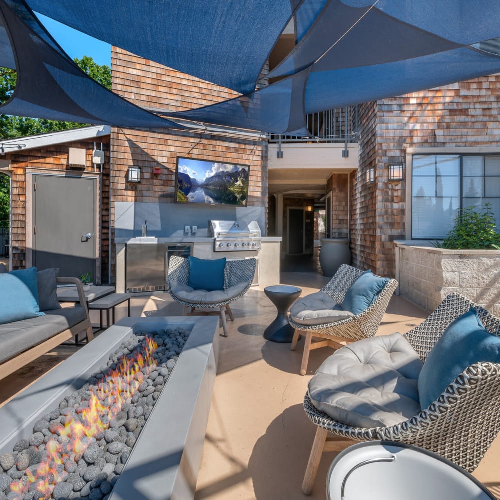 Deck seating with canopy at Town Center Apartments in Lafayette, California