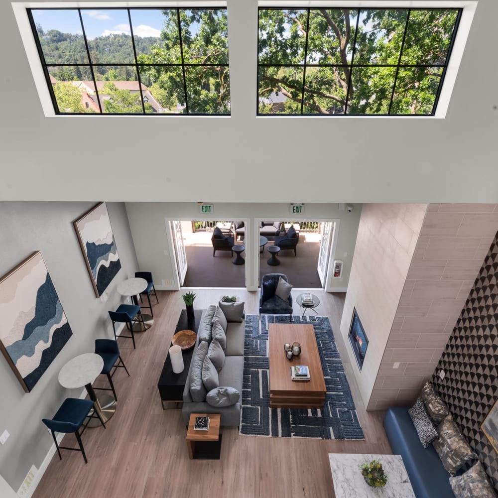 Aerial view of entryway at Town Center Apartments in Lafayette, California