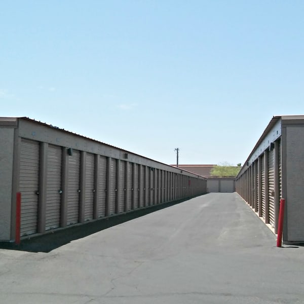 Outdoor drive-up storage units at StorQuest Self Storage in Tempe, Arizona
