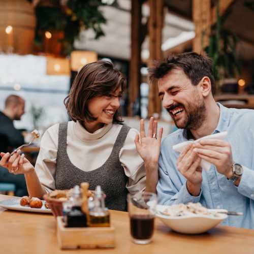 Residents enjoying food in their favorite restaurant at Truckee River Terrace in Reno, Nevada