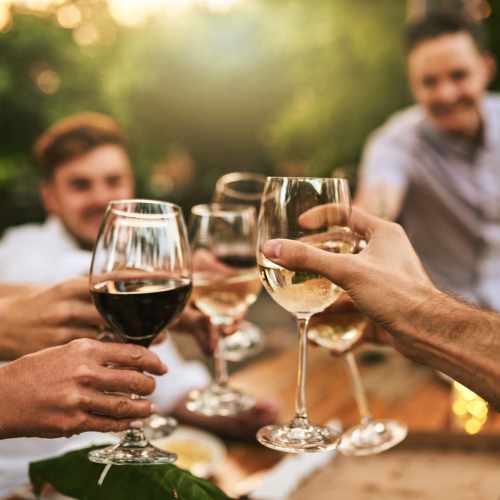 Clinking wine glasses near Lodge at Croasdaile Farm in Durham, North Carolina