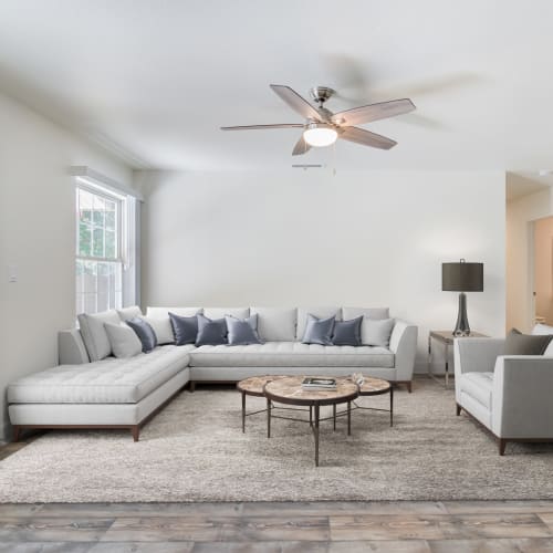 A furnished living room in a home at Aero Ridge in San Diego, California