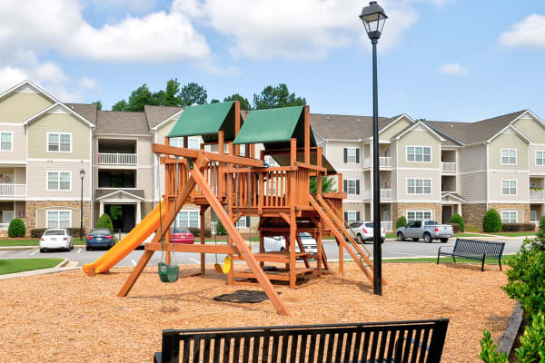 A playground with fresh mulch at Riverstone in Macon, Georgia