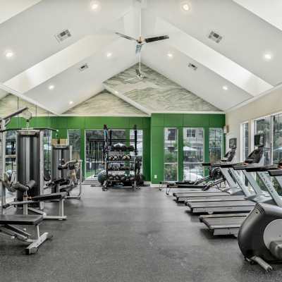 Nice fitness center with cardio machines and medicine balls at Greenwood Plaza in Centennial, Colorado