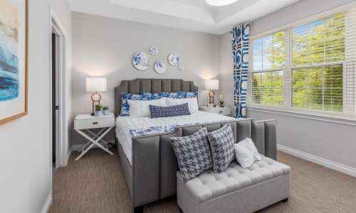 Primary suite of a model apartment at Noble on the lake