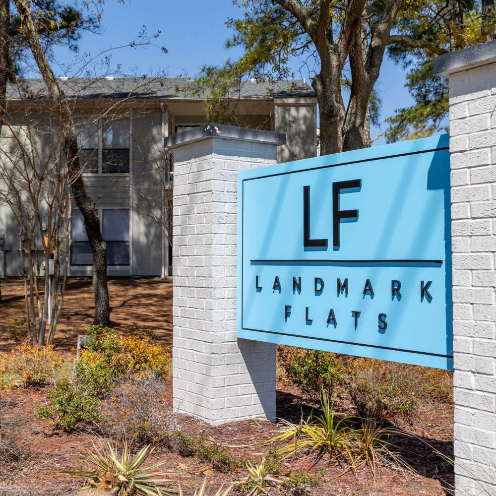 Sign board at Landmark Flats in Fayetteville, North Carolina
