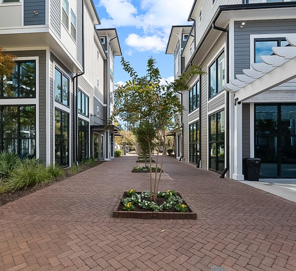 Walk way through the apartment buildings at The Lively Indigo Run in Ladson, South Carolina