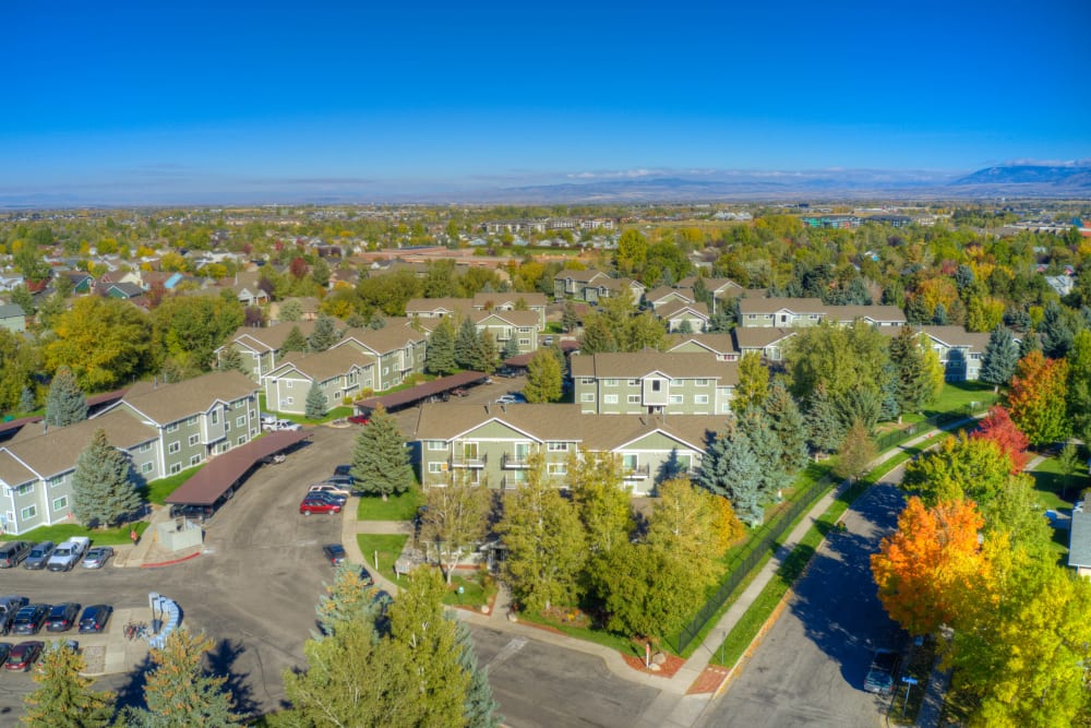 Aeiral view of Mountain View Apartments offering beautiful landscaping and suburban living  in Bozeman, Montana