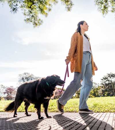 Resident walking their dog through a park near Thickett in Mt Pleasant, South Carolina