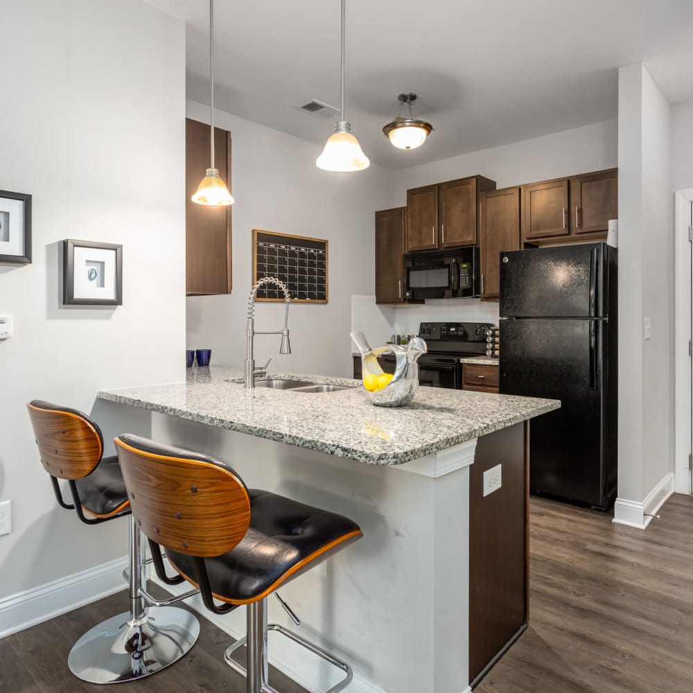 Black appliances and dark wood cabinets in an apartment kitchen at Retreat at the Park in Burlington, North Carolina