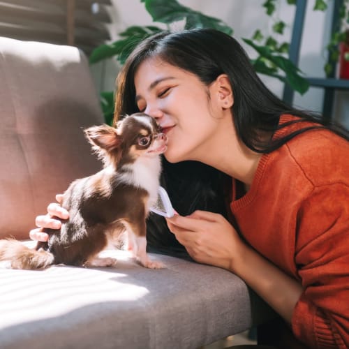 Resident kissing her dog at Bayfair Apartments in San Lorenzo, California