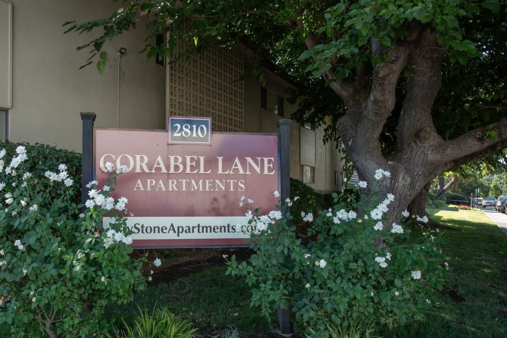 Entrance sign at Corabel Lane Apartments in Sacramento, California